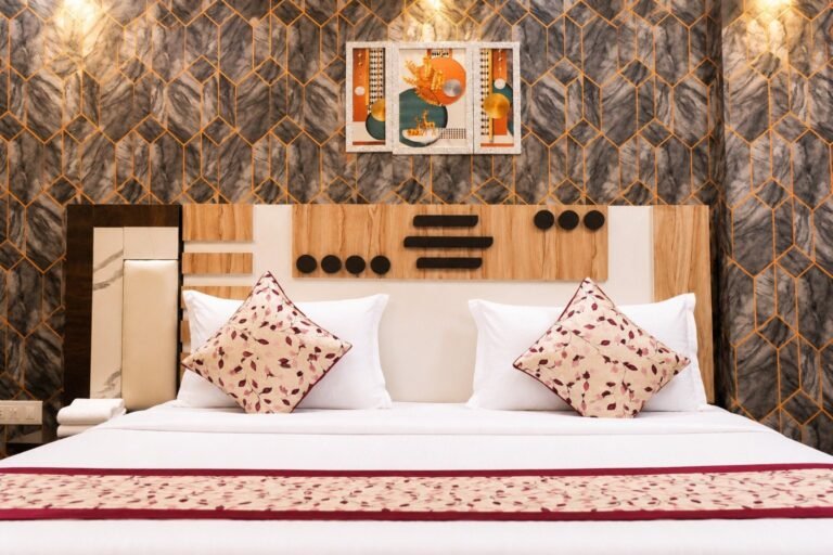 Designer headboard in Super Deluxe room, Hotel Kasol Heritage